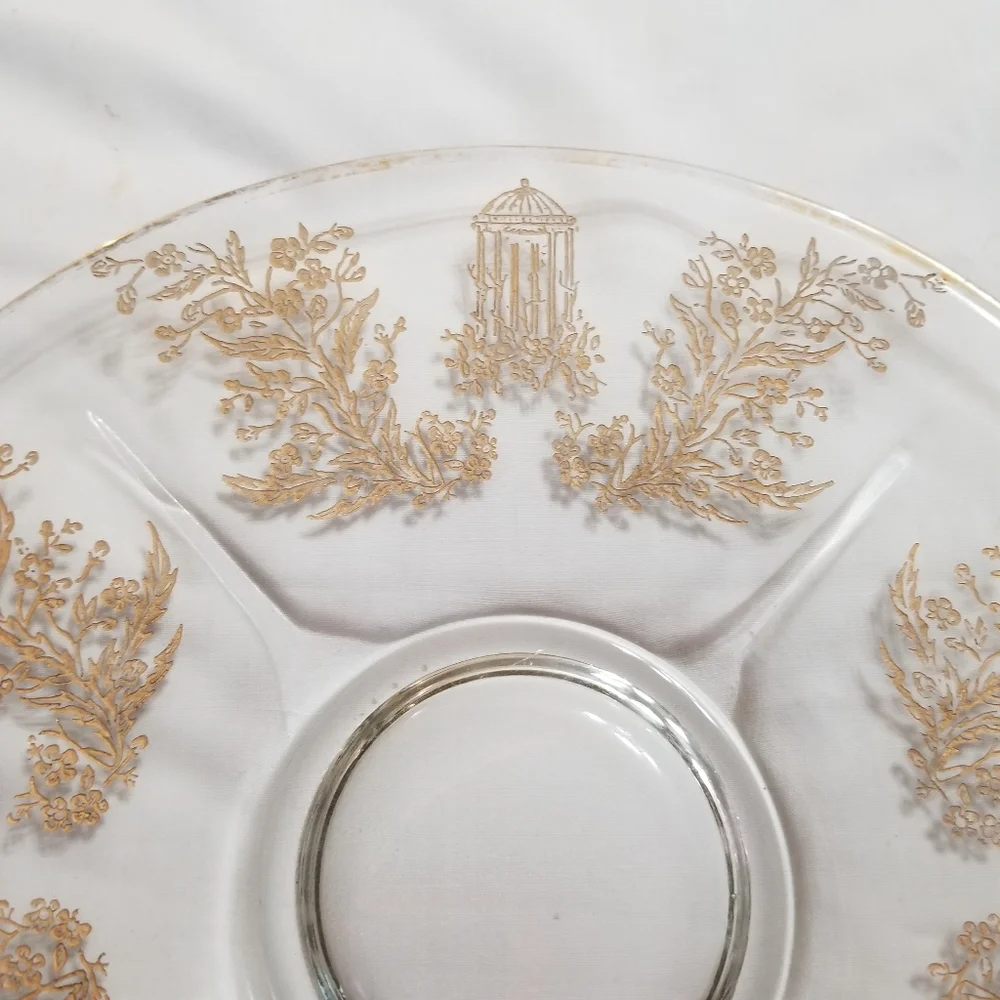 VTG 30's Paden City Glass Gazebo W Gold Etch Glass Round Platter 10.5